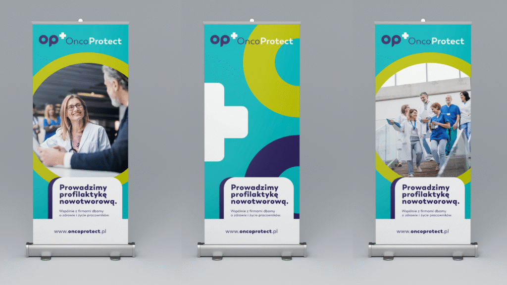 Projekty roll-upów promujących usługę Onco Protect – branding medyczny z wyraźnym przekazem profilaktyki nowotworowej.