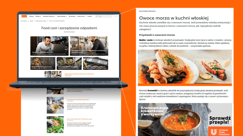 Content marketing dla Unilever Food Solutions – eksperckie artykuły na blogu UFS, wizualizacja na monitorze komputera oraz samego artykułu na stronie.