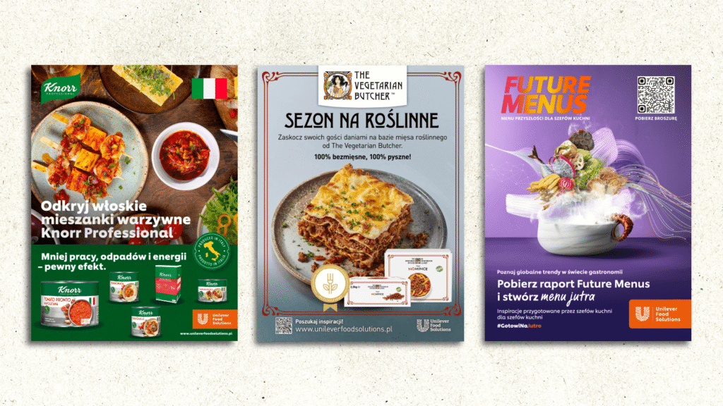 Przykłady reklam prasowych produktów UFS w magazynach dla branży HoReCa. Trzy atrakcyjne wizualizacje.