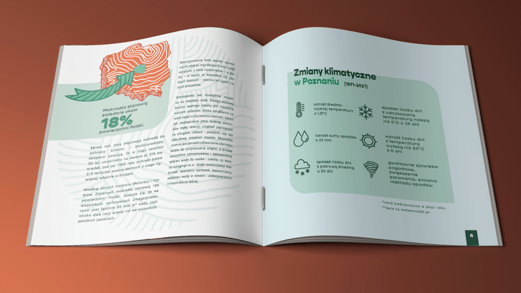 Otwarta publikacja o mokradłach z ilustracjami i tekstem na rozkładówce.