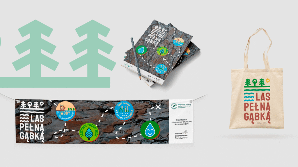 Materiały promocyjne kampanii ekologicznej – torba bawełniana, ulotki i gadżety z logotypem.