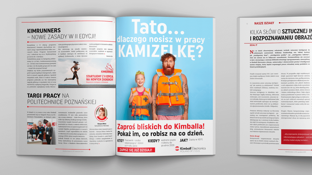 Strony magazynu Kimformator z artykułem i reklamą kampanii społecznej z hasłem „Tato, załóż kamizelkę!”.