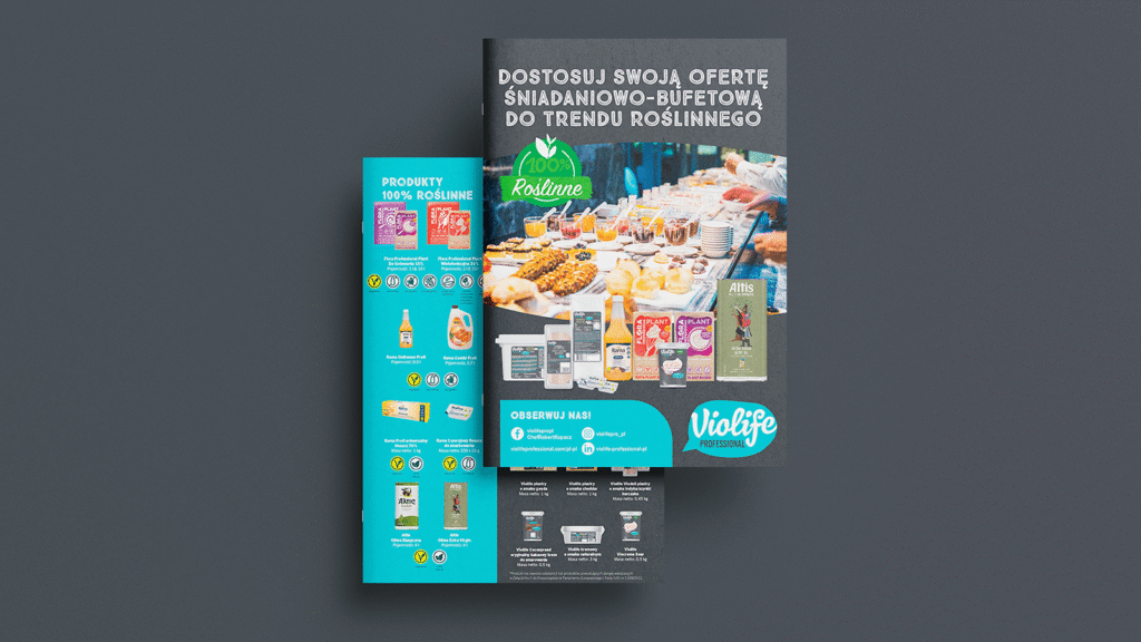 Plakat reklamowy Violife prezentujący roślinną ofertę produktów i propozycje dań.