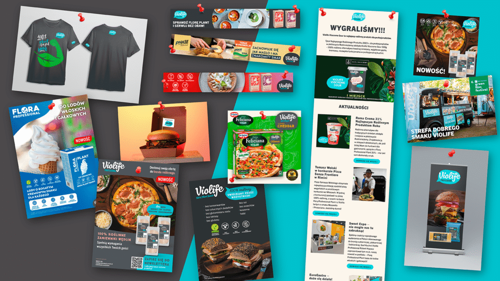 Materiały promocyjne marki Violife – projekty stron internetowych, opakowań, gadżetów i grafik reklamowych.