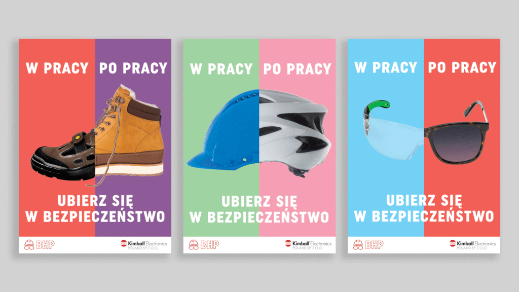 Seria plakatów Kimball Electronics – bezpieczeństwo w pracy i po pracy, ochrona zdrowia i wizerunku pracownika, kampania BHP.