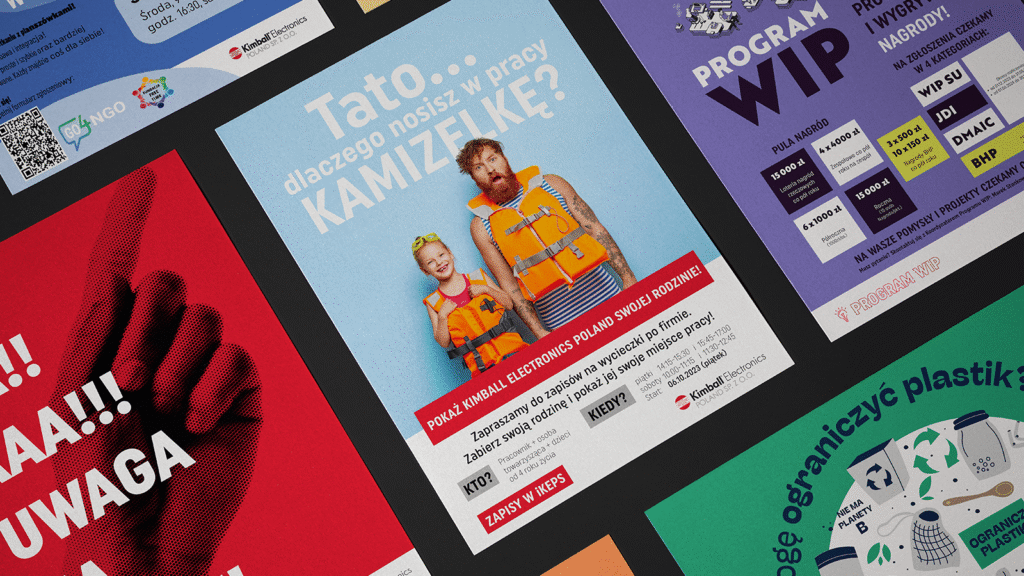 Zestaw grafik promujących kampanię wewnętrzną Kimball Electronics – bezpieczeństwo, udział w programach i inicjatywach firmowych.