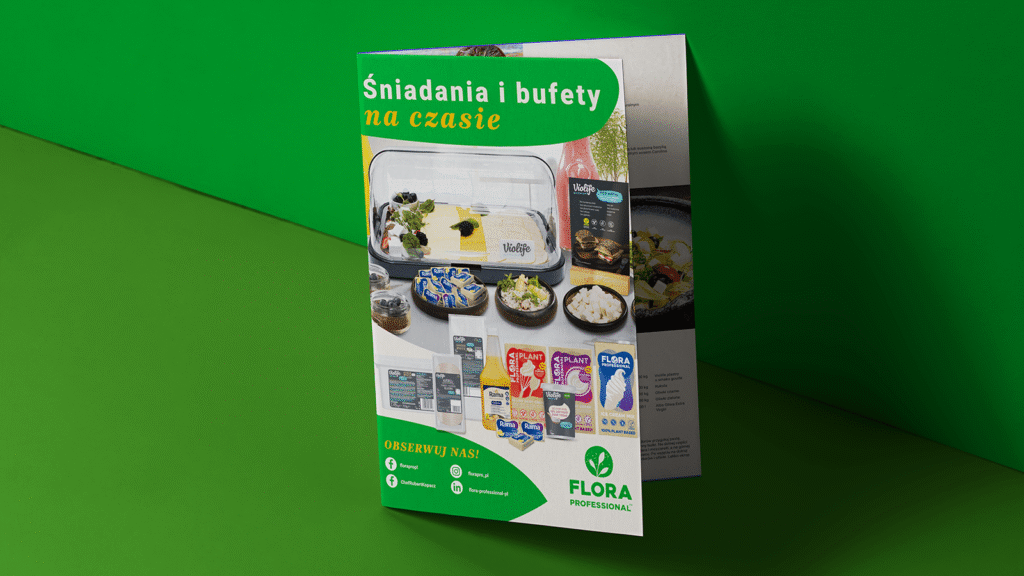 Projekt broszury reklamowej Flora Professional z ofertą śniadań i bufetów.