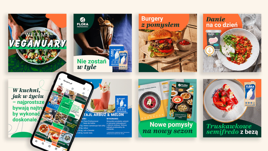 Kampania social media Flora Professional z grafikami promocyjnymi i przepisami.