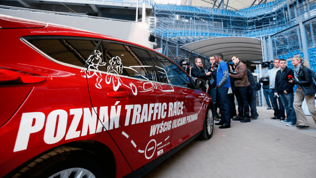 Ford Focus – auto, które wzięło udział w Poznań Traffic Race. Zwycięzca wyścigu ulicami Poznania.
