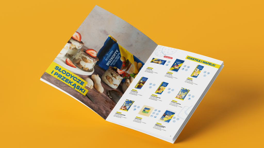 projekt katalogu produktowego marki Bezgluten - rozkładówka z produktami